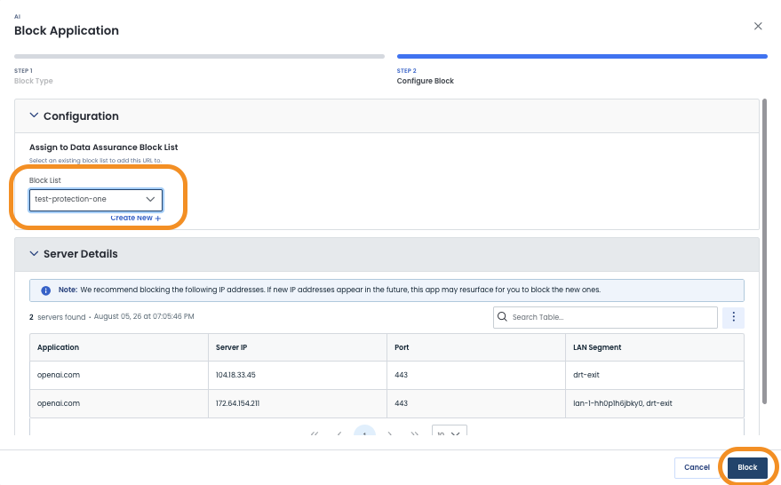 Configuration screen for blocking applications with highlighted block list selection.